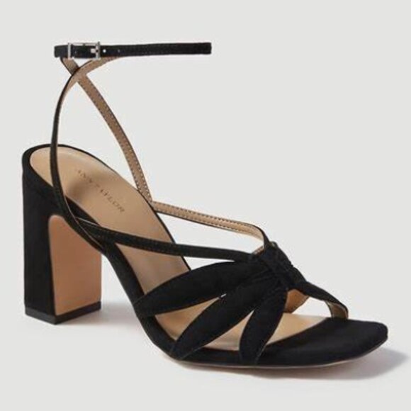 Ann Taylor Rue Petal Strap Suede Heeled Sandals Black - Picture 1 of 2